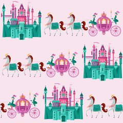 Fairytale medieval castles and Princess Fantasy Carriages with Coachmen and Horses. Seamless background pattern.