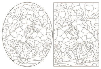 Set of contour illustrations of stained glass Windows with Zebras , dark contours on a white background