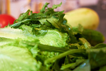 blured lettuce and arugula with drops of water partially out of focus