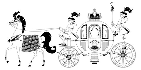 Princess Fantasy Carriage with Coachman and a Horse. Black and white.