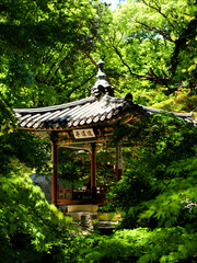 View through trees on a temple pagoda in UNESCO heritage site royal palace, Seoul, South Korea
