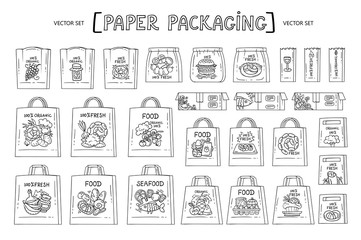Vector cartoon set with paper packaging. Isolated bags and boxes for food delivery on white background. Hand drawn doodles for use in design. Line art