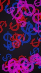 Multicolored translucent dollar signs on dark background. Red tones. 3D illustration