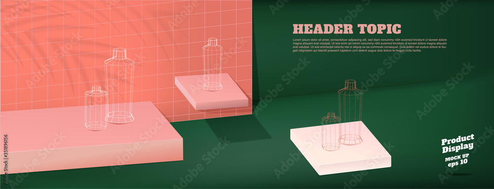 Poster Vintage studio table with product display block background.dark green and peach with palm leaf shadow and hard light room for display of product.mockup banner for advertising online
