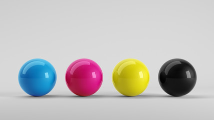 Print design colors concept - Spheres in CMYK colors - cyan, magenta, yellow, black. 3d rendering