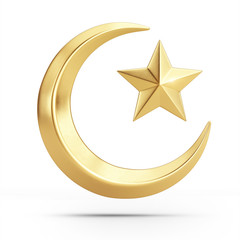 Islam golden symbol. Golden Moon and star 3d icon isolated on white background. 3d rendering © Sashkin