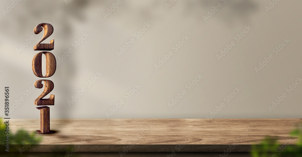 Aufkleber 2021 happy new year wood number (3d rendering) on wood table background with sunlight window create 