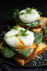 Delicious poached egg sandwiches served on slate board, closeup