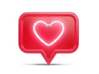 Glowing neon Like social media notification icon with heart symbol. Social media success concept - 3d rendering