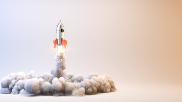 Launch Rocket - startup concept - 3d rendering of 3d rocket launch.
