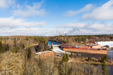 Obraz premium Aerial view of hydroelectric power generation plant at Kymijoki river, Finland.