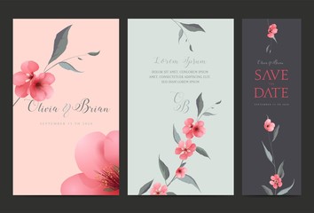 Wedding invitation design set. Ivy, leaves and names in the heart. Watercolor. Pink flowers. 