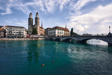 Grossmünster over the river with ducks