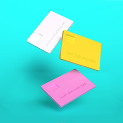 Creative concept of three colorful plastic credit card in white, yellow and pink colors flying in the air. 3D rendering.