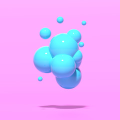Composition with vibrant blue glossy bubbles flying in the air on pink background. Gum concept. 3D render.