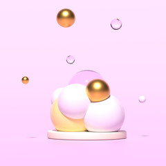 Abstract composition with golden, transparent, yellow and white soap bubbles in cluster on podium. Colorful glossy balls. Bathroom concept. 3D render.