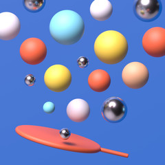 Plastic orange ping pong racket with colorful and metallic balls on classic blue background in summer active sport concept. 3D rendering.