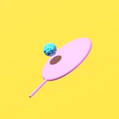 Light pink plastic ping pong racket flying in the air on bright yellow background with blue ball. Summer active sport concept. 3D rendering.