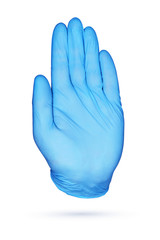 Hand high five or stop sign in blue protective glove isolated.