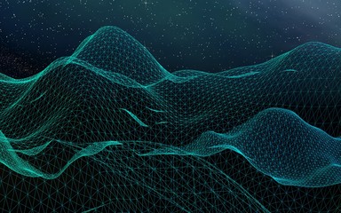 Naklejka premium Abstract landscape on a dark background. Cyberspace grid. hi tech network. Outer space. Starry outer space texture. 3D illustration