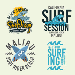Fototapeta premium Surfing Style Surf Summer Time Beach Life Hand Lettering Vector Illustrations Set Designs.