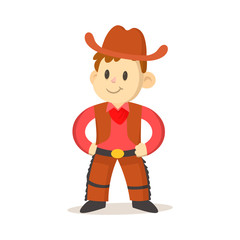 Cartoon cowboy kid wearing vest and hat. Colorful flat vector illustration, isolated on white background.