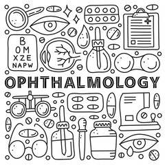 Poster with lettering and doodle outline ophthalmology icons including runny eye, pipette bottle, cornea, blank clipboard, lens case, glasses, autorefractometer, etc isolated on white background.