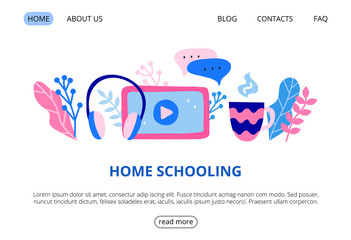 Web page template with big headphones, tablet, play video button, chat bubble, cup, leaves. Home schooling. Landing page concept. Modern flat doodle vector background.