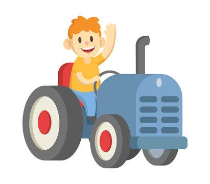 recommend clip art: Smiling farmer driving big wheeled tractor and waving hello. Flat vector illustration, isolated on white background.