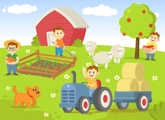 Life on a farm with field, trees, tractor, shed, and animals. Colorful flat vector illustration, isolated on white background.