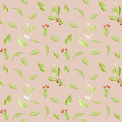 Watercolor coffee seamless pattern. Hand painted branches of coffee, red coffee beans, flowers