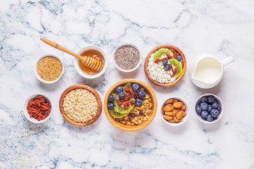 Healthy breakfast ingredients, top view.