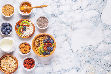 Healthy breakfast ingredients, top view.