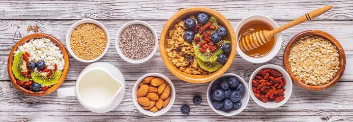 Healthy breakfast ingredients, top view.