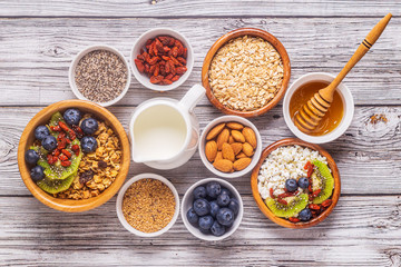 Healthy breakfast ingredients, top view.