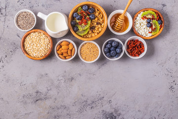 Healthy breakfast ingredients, top view.