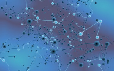 Neural network. Social network. Futuristic blue background. Abstract molecule, cell illustration, mycelium. Hi tech purple background. 3D illustration