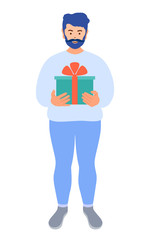 Gift delivery. Man courier with a gift box in his hands. Vector illustration in a flat style. Service for the congratulation and delivery of gifts at home.