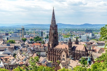 Aerial view on Freiburger Munster Cathedral church. Freiburg im Breisgau, Baden-Wurttemberg, Germany