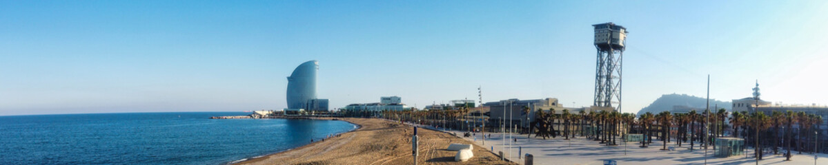 Fototapeta na wymiar Barcelona. Beach area of Barceloneta during coronavirus pandemic. Catalonia.Spain