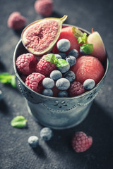 Top view of ice cream sorbet with berries and watermelon