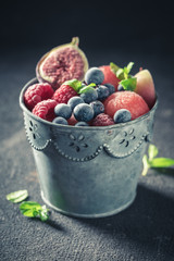 Closeup of ice cream sorbet with fresh frozen fruits