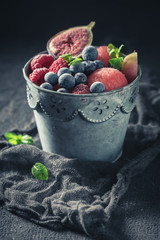 Ice cream sorbet made of fresh fruits in metal bucket