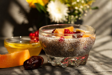 Chia seed pudding with fruit, healthy Breakfast.