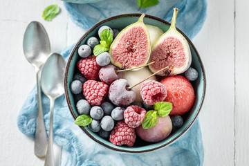 Top view of ice cream sorbet with cold fruits