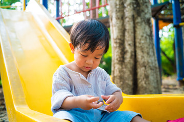 Little asian boy playing plastic slider kid at the playground city park green tree nature...