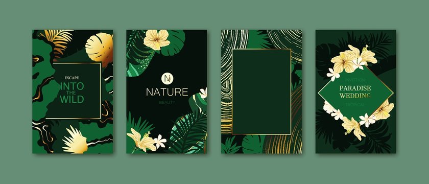 Set of elegant brochure, card, background, cover. Turquoise and golden marble texture. Geometric frame. Palm, exotic leaves.
