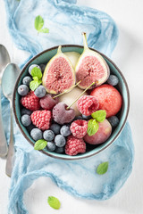 Top view of juicy ice cream sorbet with berries