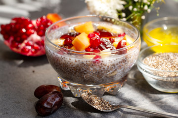 Chia seed pudding with fruit, healthy Breakfast.