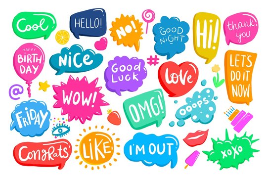 Set of colorful speech bubbles with phrases. Creative shapes, boxes with place for text. Chat, message, stories backgrounds, design elements.